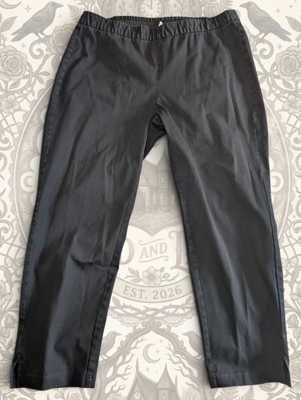 Lagenlook Eileen Fisher Black Organic Cotton Stretch Ankle Pants L